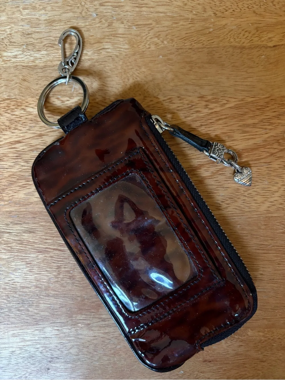Brighton animal print Brown Patent Leather Wallet Keychain with ID Window